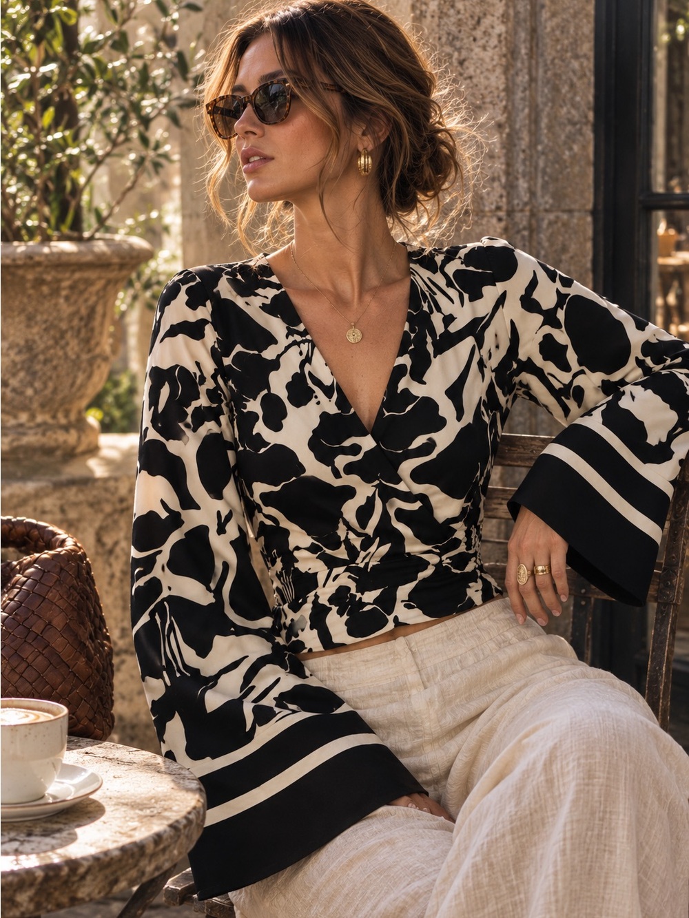 Milk x Honey Black Cream Small Abstract Floral Bell Sleeve Wrap Blouse Boho